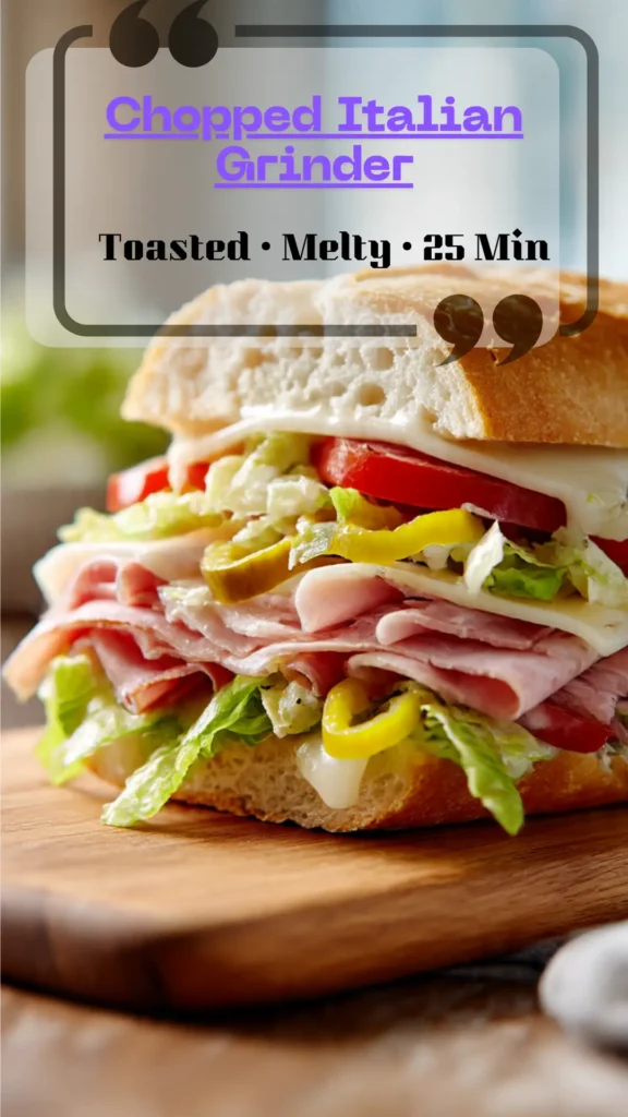 Side view chopped Italian grinder sandwich: toasted roll, melted provolone, layers of salami/ham, and creamy chopped salad with banana peppers.