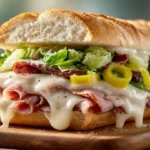Side view chopped Italian grinder sandwich: toasted roll, melted provolone, layers of salami/ham, and creamy chopped salad with banana peppers.