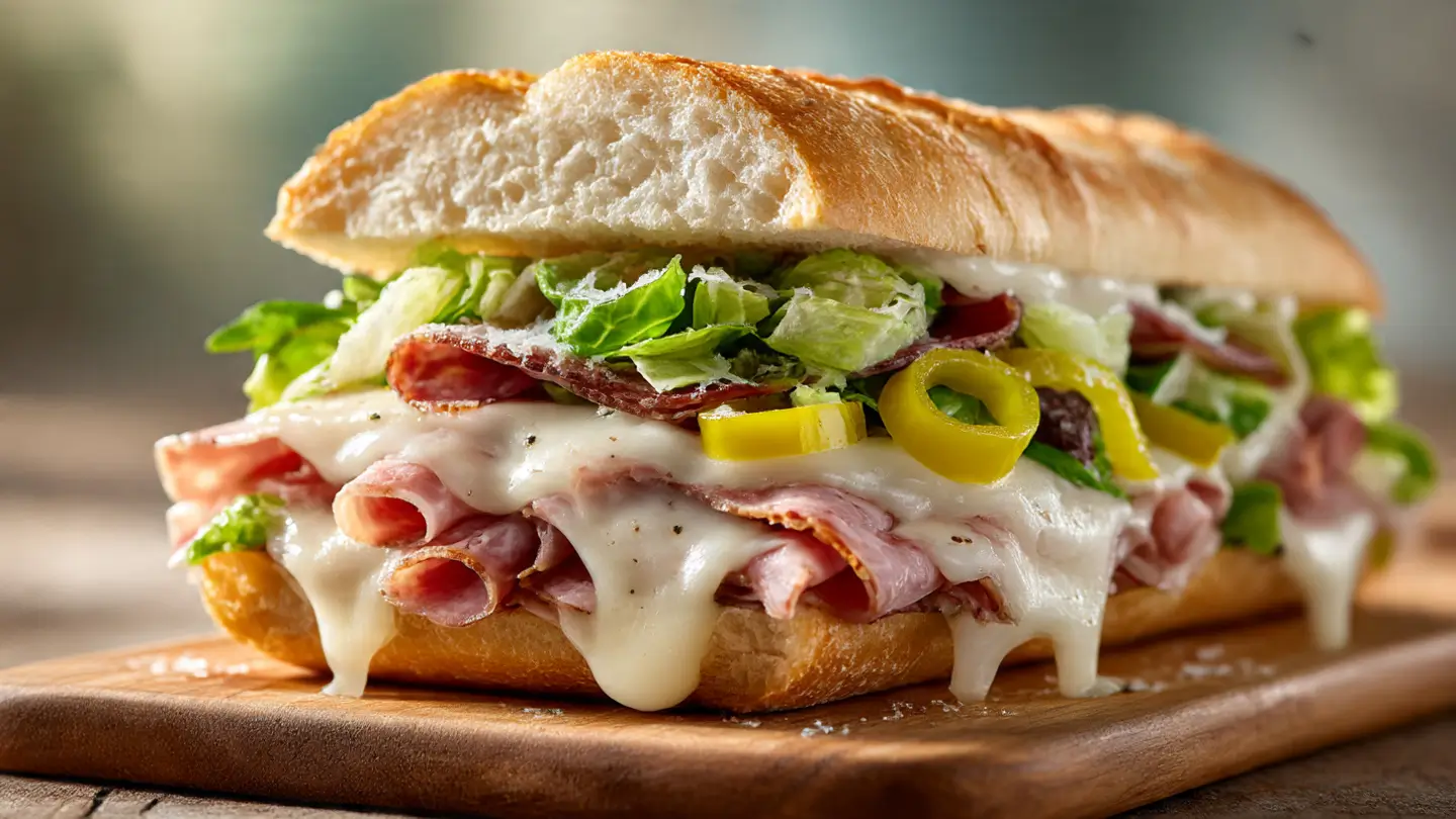 Side view chopped Italian grinder sandwich: toasted roll, melted provolone, layers of salami/ham, and creamy chopped salad with banana peppers.