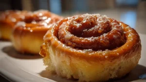 Freshly baked cinnamon rolls with icing on a wooden table