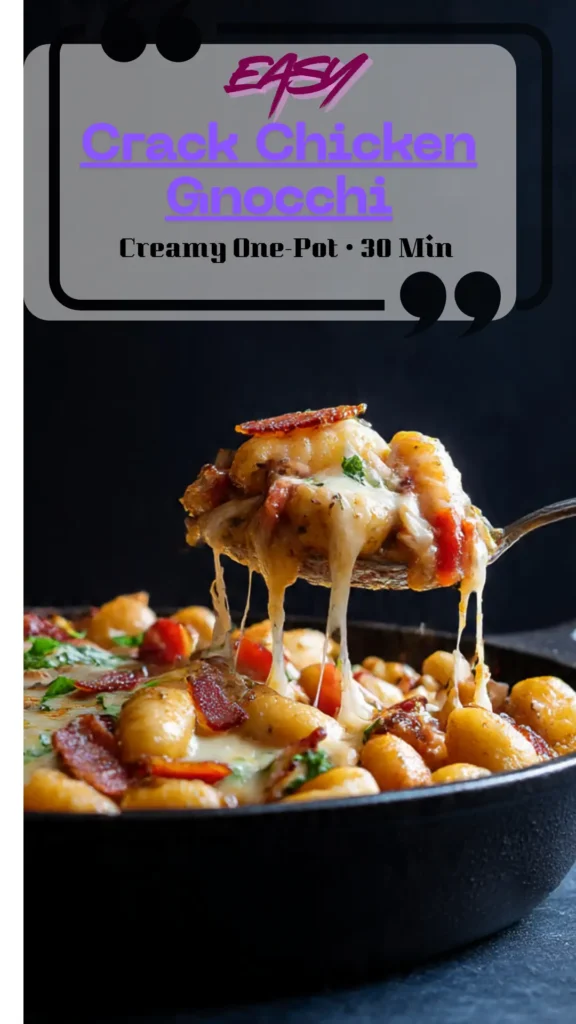 Skillet of creamy crack chicken gnocchi with cheddar and bacon, garnished with parsley; spoon showing pillowy gnocchi in ranch sauce.
