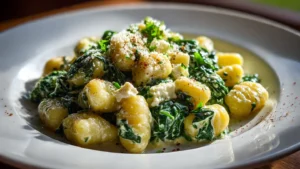 Creamy gnocchi with spinach and feta served in a bowl