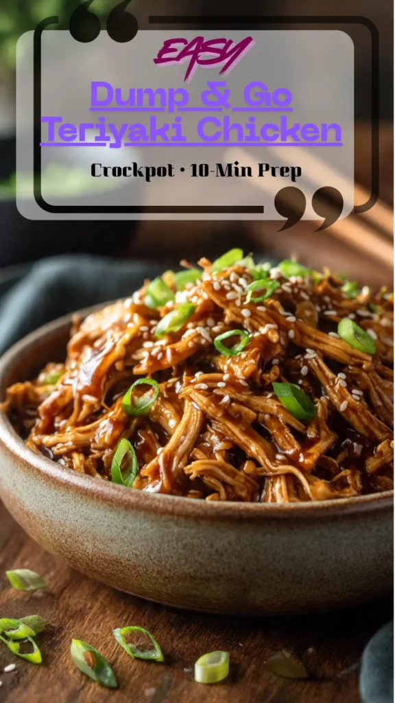 Bowl of Crockpot teriyaki chicken over rice with sesame and scallions; glossy sauce and tender shredded chicken—family-friendly slow cooker meal.
