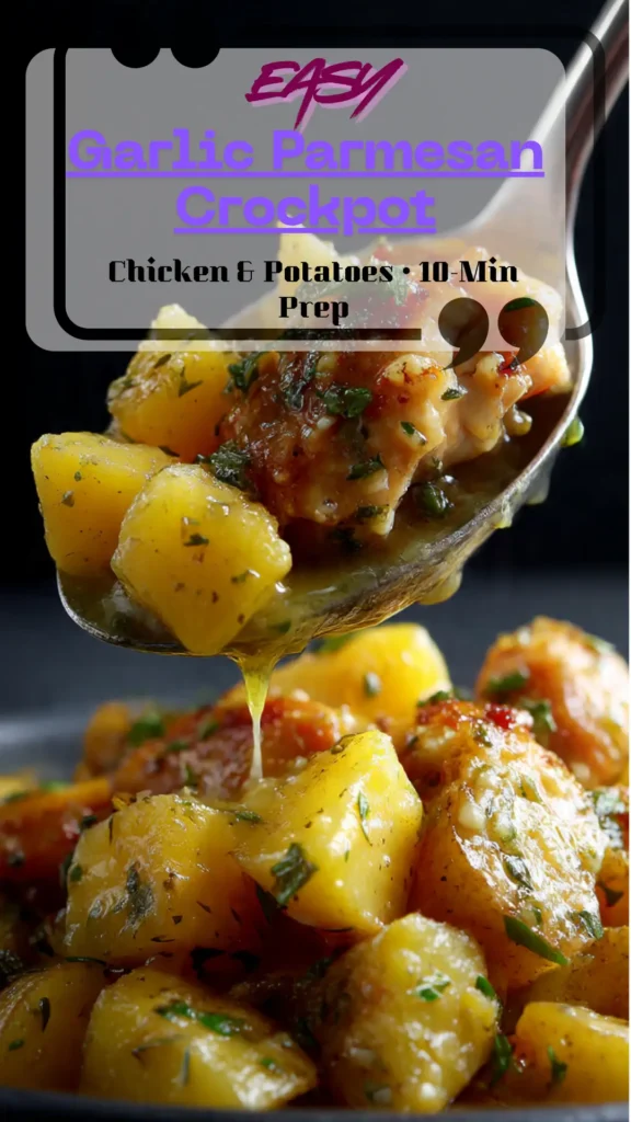 Crockpot bowl of garlic-Parmesan chicken and baby potatoes in creamy sauce, parsley and extra Parmesan on top; cozy family dinner.