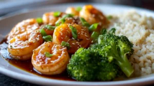 Delicious Honey Garlic Shrimp Bowl with rice and vegetables