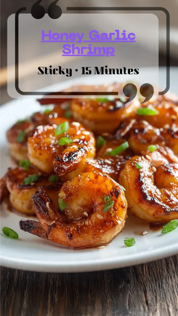 Side view skillet of honey garlic shrimp—glossy sauce, sesame and scallions; looks sticky-shiny with lemon wedges; quick healthy shrimp dinner.