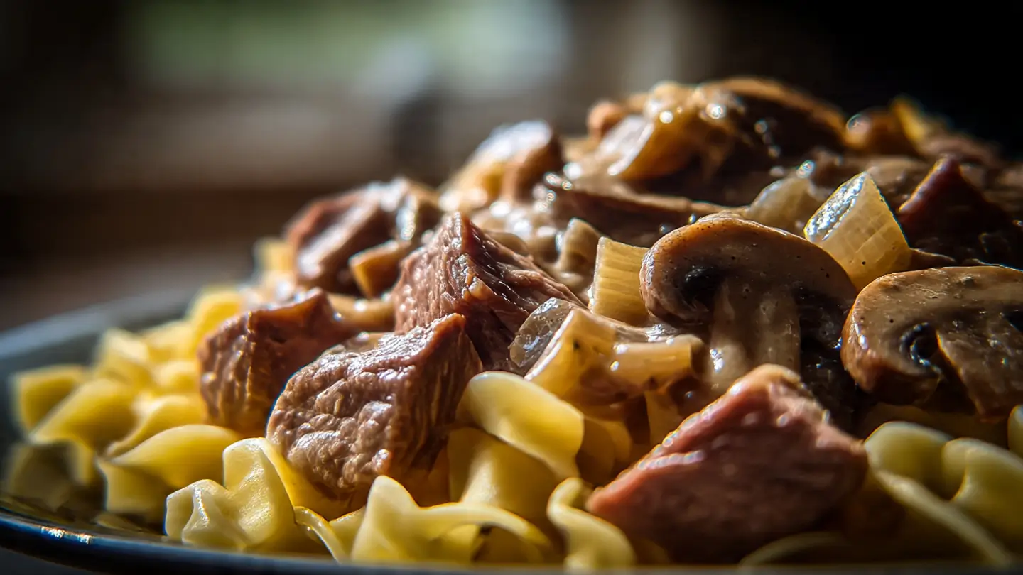 Delicious Instant Pot Beef Stroganoff served over noodles with creamy sauce