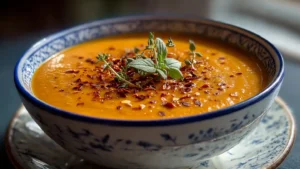 Bowl of creamy tomato soup made from canned tomatoes for winter warmth
