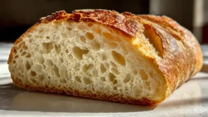 Freshly baked no-knead ciabatta bread with a light and airy crumb.