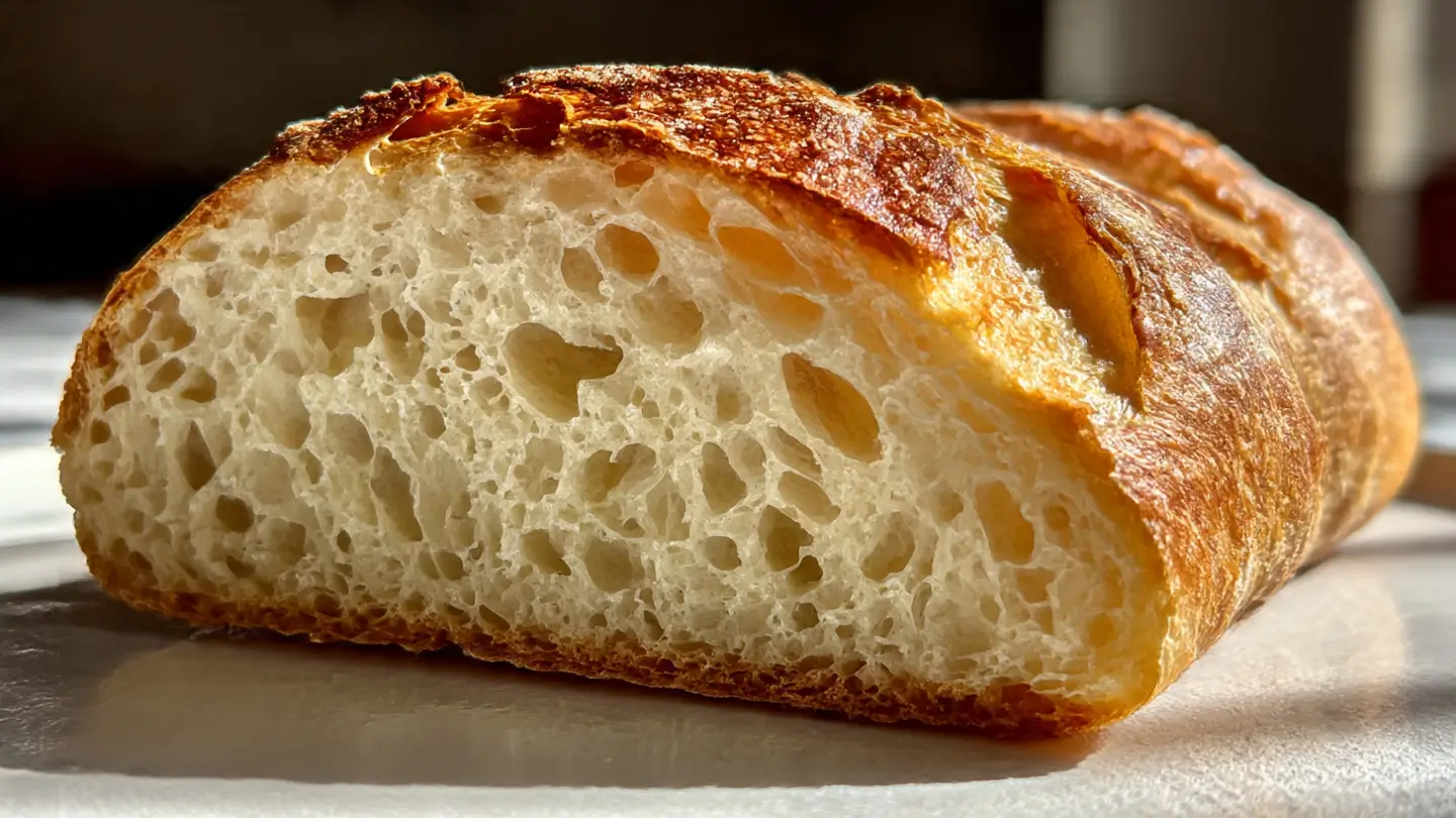 Freshly baked no-knead ciabatta bread with a light and airy crumb.