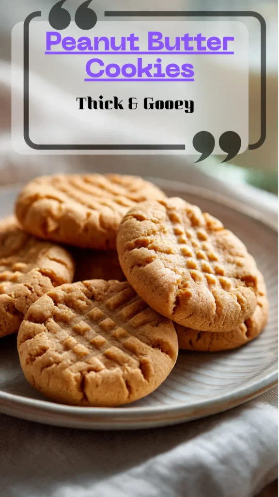 Side view stack of thick peanut butter cookies—crisp edges, gooey centers, classic crosshatch; a few crumbs on slate, warm golden tone.