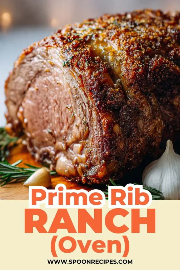 Sliced prime rib with deep brown crust and rosy center on a board, small bowl of jus and horseradish, herbs scattered