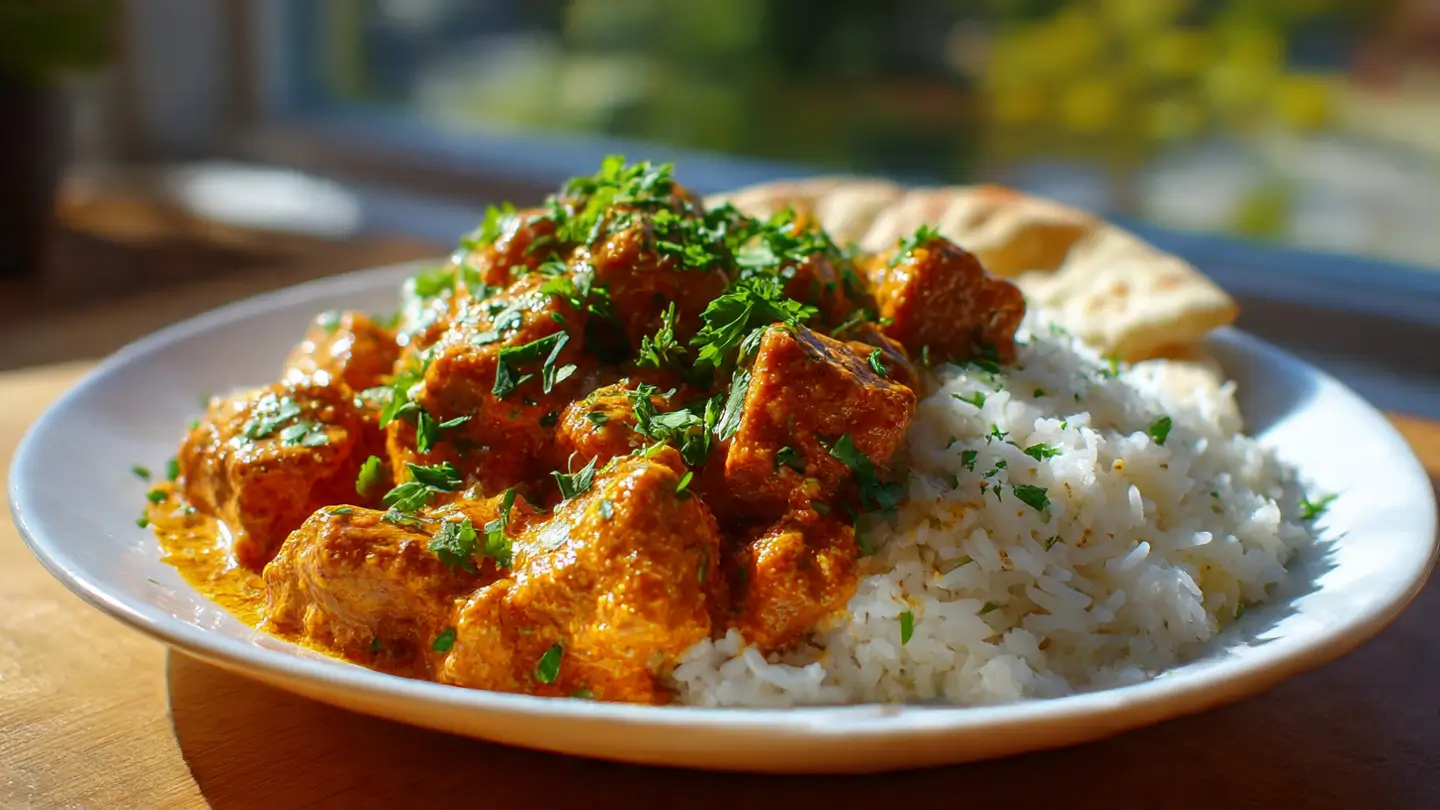 Delicious homemade butter chicken served with rice and naan.