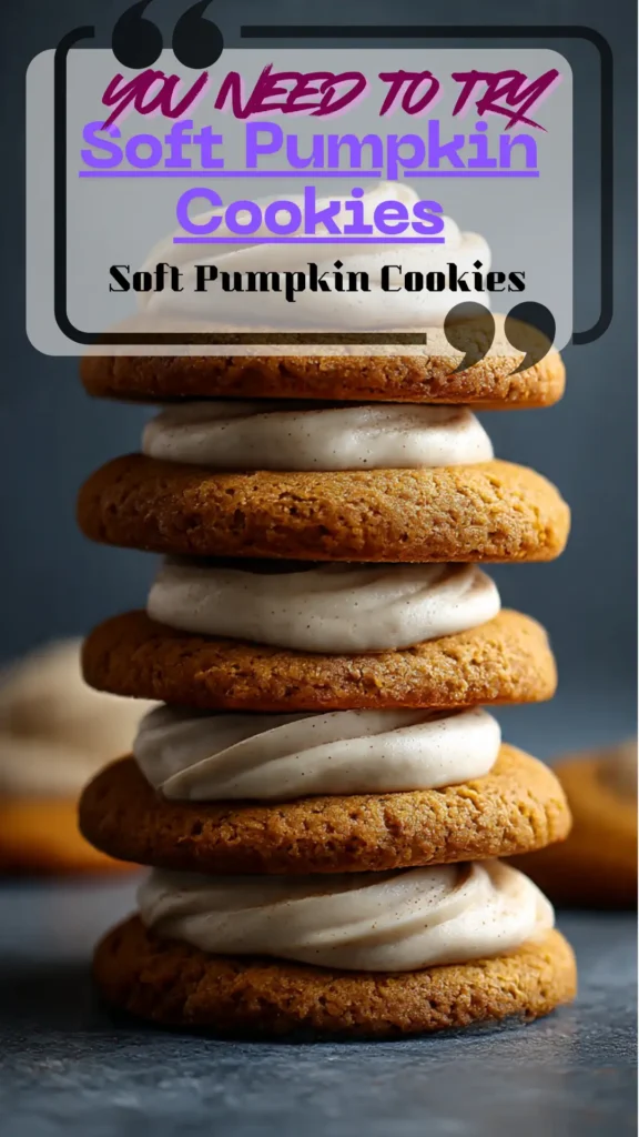 Stack of soft pumpkin cookies sandwiched with cinnamon frosting—Homemade Fall Cookies, Cute Fall Baking Recipes.