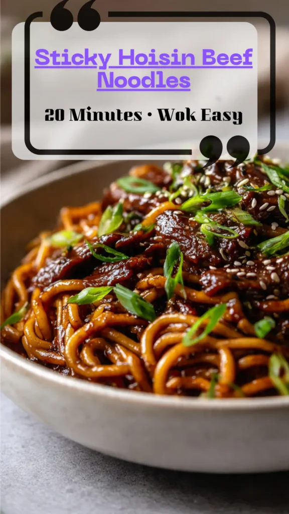 Side view bowl of sticky hoisin beef noodles—thin beef strips, bell pepper, snow peas, scallions; glossy hoisin-ginger sauce clinging to noodles.