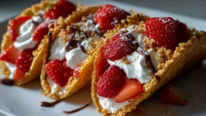 Delicious strawberry crunch cheesecake tacos with a crispy shell and creamy filling.