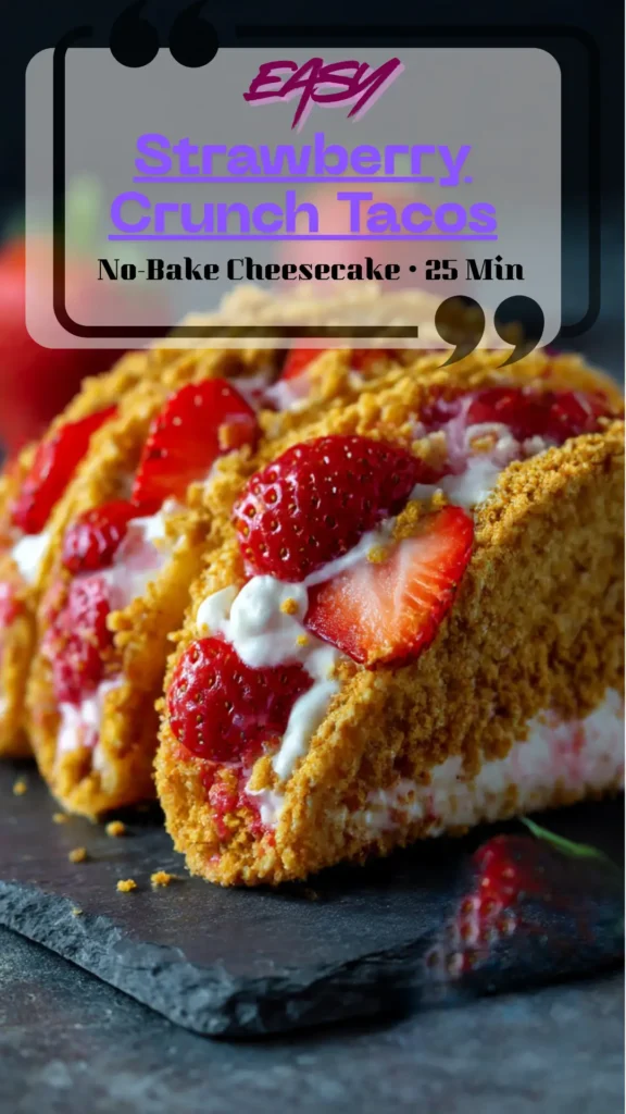 Row of strawberry crunch cheesecake tacos: cinnamon-sugar shells, piped vanilla mousse, fresh strawberries, and pink cookie-strawberry crumb.