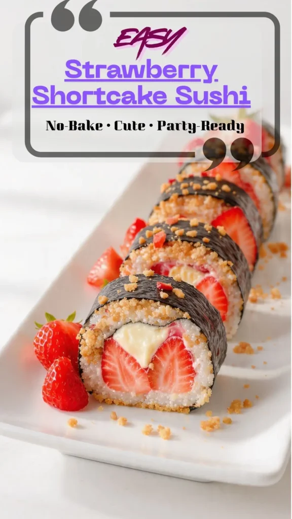 Board of strawberry shortcake sushi rolls with fruit-leather “nori,” cheesecake cream, and fresh berries; crumb-coated edges; cute illusion dessert.