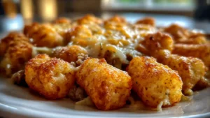 Baked Tater Tot Casserole topped with golden-brown tater tots and melted cheese