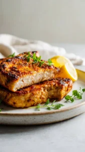 Juicy air fryer pork chops served on a plate with herbs and spices
