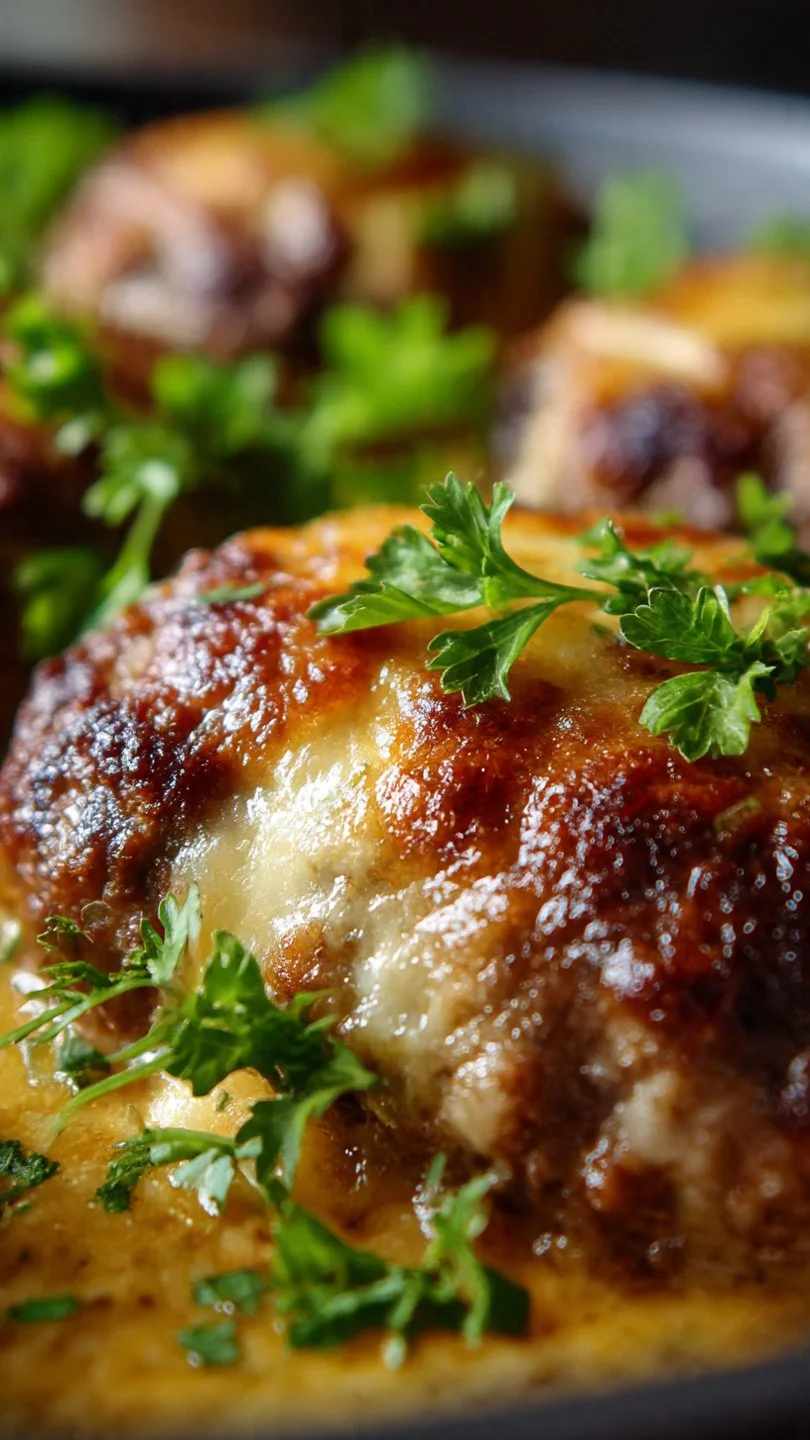 Delicious Amish Hamburger Steak Bake served with rich gravy and sides.