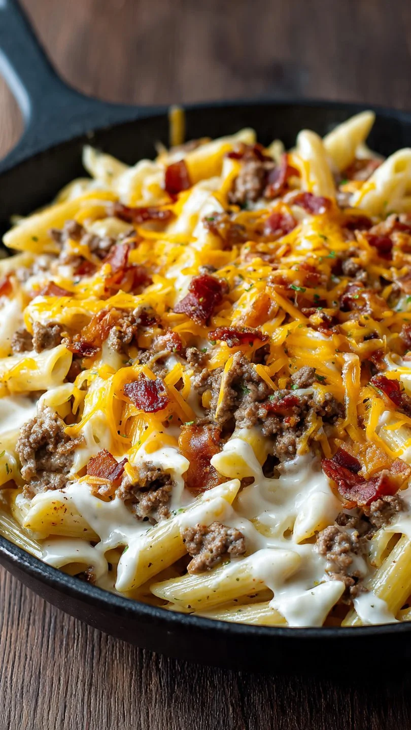 Bacon Cheeseburger Alfredo topped with crispy bacon and melted cheese