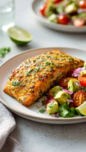 Baked cilantro lime salmon served with fresh avocado salsa on a plate