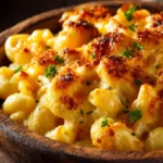 Delicious baked mac and cheese topped with cheese and baked to perfection