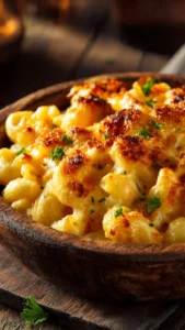 Delicious baked mac and cheese topped with cheese and baked to perfection
