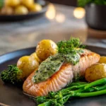 Baked salmon served with crispy potatoes and lemon sauce on a plate