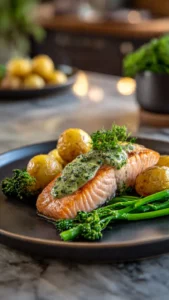 Baked salmon served with crispy potatoes and lemon sauce on a plate