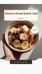 Delicious banana bread baked oats topped with banana slices and nuts.