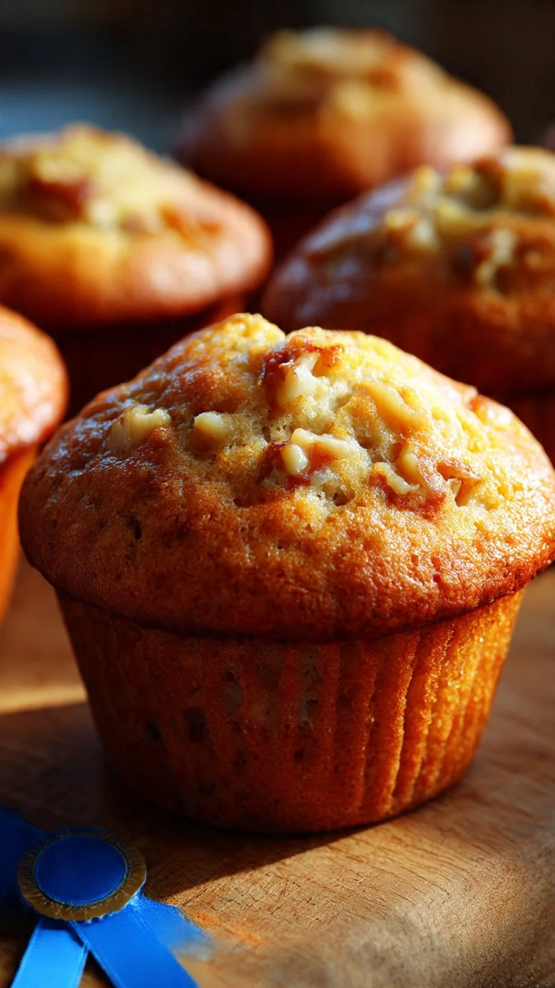Freshly baked banana nut muffins on a kitchen counter