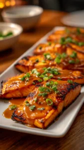 Plate of Bang Bang Salmon garnished with green onions and sesame seeds