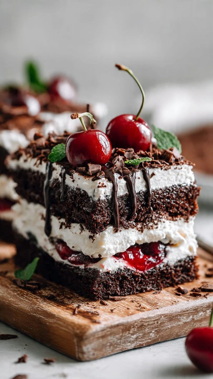 Delicious Black Forest Ice Cream Cake with chocolate layers and cherries on top