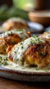Bobby Flay's chicken thighs in creamy garlic sauce on a plate