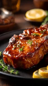 Deliciously cooked boneless pork chops served with vegetables.