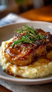 Delicious brown sugar pork chops served on a plate with vegetables.