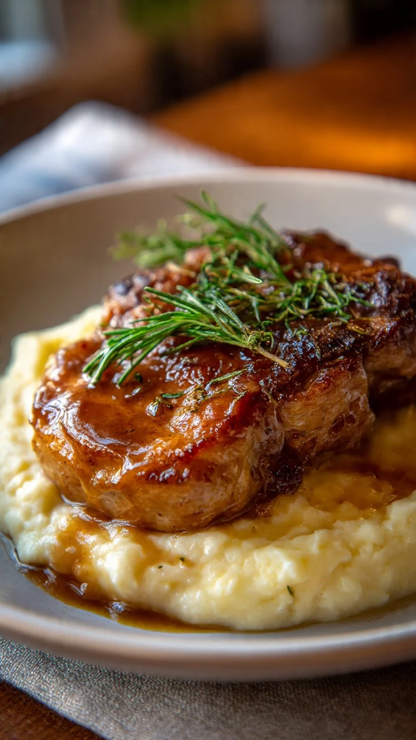 Delicious brown sugar pork chops served on a plate with vegetables.