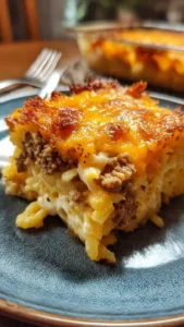 Cheesy hamburger hashbrown casserole served in a baking dish