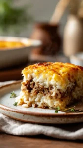 Delicious cheesy hamburger rice casserole dish served in a bowl