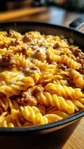 Cheesy taco pasta topped with cheese and garnished with fresh herbs