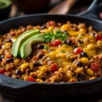 Cheesy Taco Rice Skillet with melty cheese and fresh toppings
