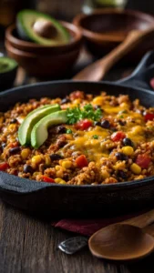 Cheesy Taco Rice Skillet with melty cheese and fresh toppings