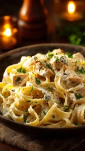 Delicious Chicken Alfredo Pasta topped with grated Parmesan and parsley