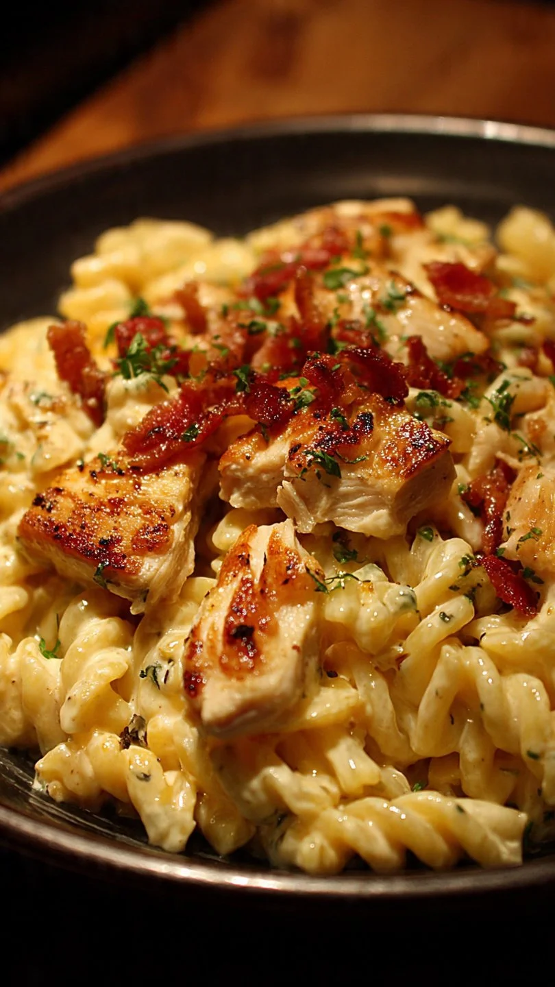 Creamy Chicken Bacon Ranch Pasta served in a bowl with herbs and bacon on top.