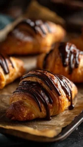 Freshly baked chocolate croissants with gooey chocolate filling and flaky crust.
