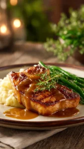 Creamy bacon pork chops served on a plate with herbs and spices.