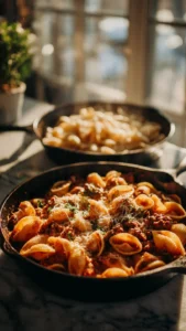 Creamy beef and shells dish served in a bowl with fresh herbs on top.