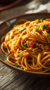 Creamy caramelized onion pasta served in a bowl with herbs on top